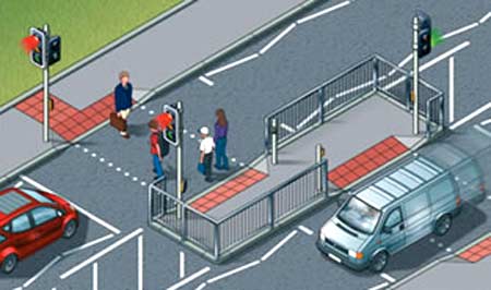 Pedestrian crossing staggered to cause users to face oncoming traffic