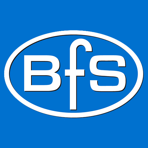 BFS logo - blue background with white text in white ellipse