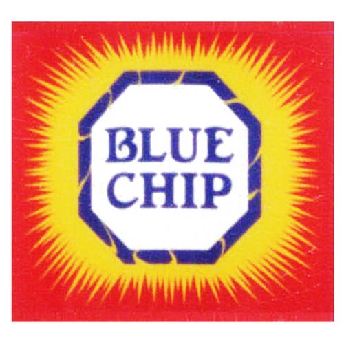 Blue Chip logo - blue Blue Chip text on white gemstone with blue edges, on yellow starburst with red background