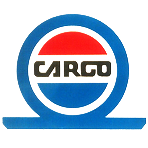 Cargo - Black stylised text between red and blue semicircles (like Regent / Pepsi), with blue ring and flat line base around the outside