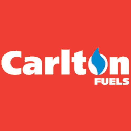 Carlton logo - white text with blue flame on red background