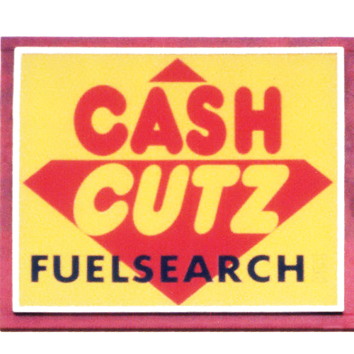 Cash Cutz logo - red and yellow text on yellow background with red partial diamond and black Fuelsearch text