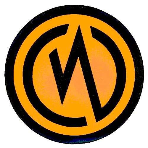 Cawoods logo - black stylised CW in yellow orange circle with black border