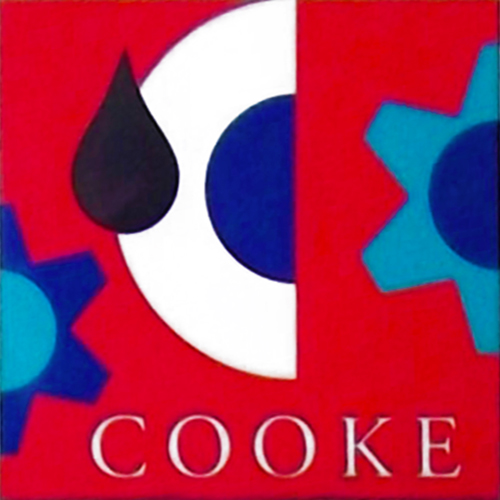 Cooke logo (1990s) with gears, oil drop and letter C, red, white, black and two shades of blue