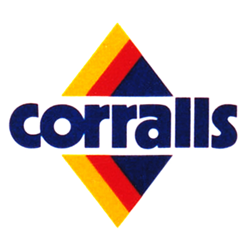 Corralls 1980s-90s logo with yellow/red/blue striped triangles