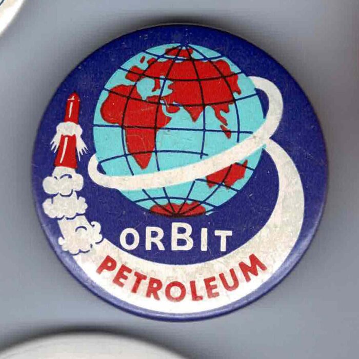 A badge with the words Orbit Petroleum and an image of a world map with a rocket spiralling around it