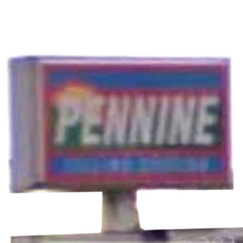 Pennine logo - green hills with yellow sunrise and blue and red stripes, white PENNINE text