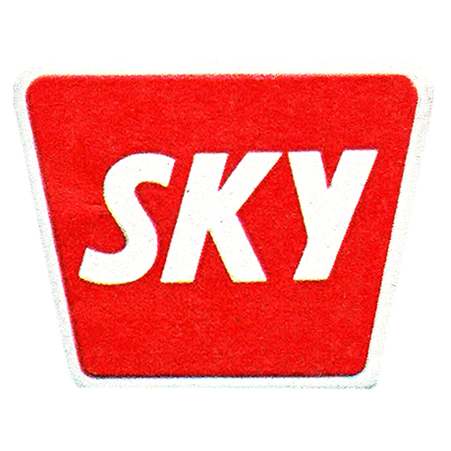 Sky logo - red trapezium with white text