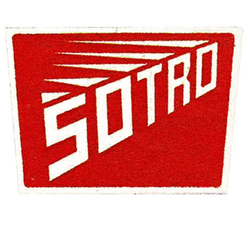 Sotro logo - red trapezium with white text and speed lines