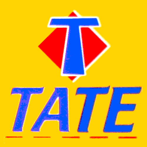 Tate logo - yellow background, blue T on red diamond, blue text with red outline