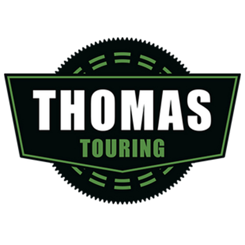 Thomas Touring logo - black and green disc with trapezoidal banner