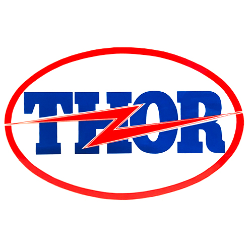 Thor logo - red ellipse with blue text and red lightning bolt across text