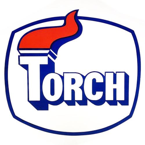 Torch logo with red flame and blue-outlined white text