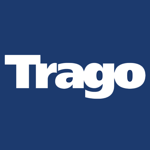 Trago logo - white text on blue background