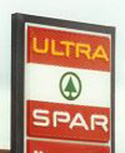 Ultra Spar logo - Spar green tree with Ultra and Spar above on red background