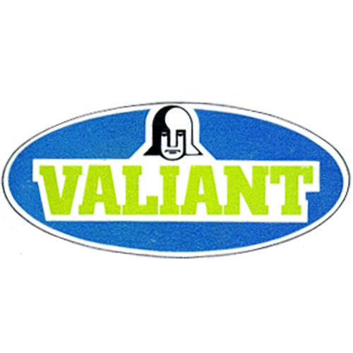 Valiant logo - black and white knight's head on blue ellipse with green text