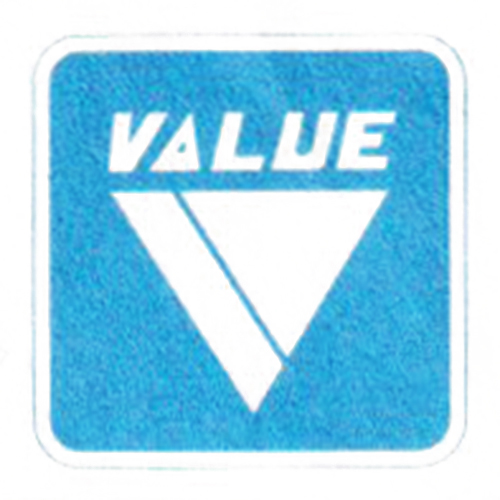 Value logo - white V-shaped triangle with stripe on blue background