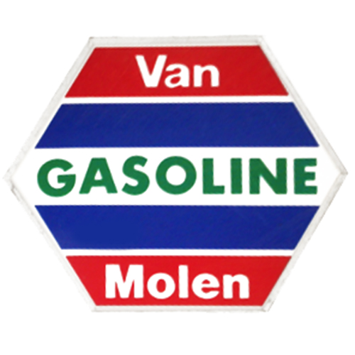 Van Molen Gasoline logo - hexagon with red and blue stripes and white and green text