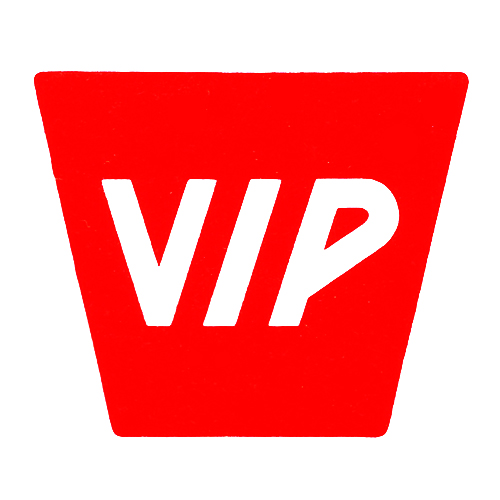 VIP logo - red trapezium with white text