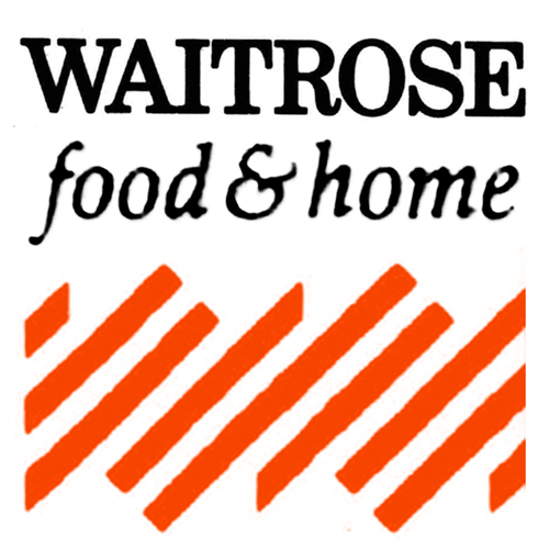 1987 onwards Waitrose logo with orange stripes and capital letters in black, addition of Food & Home