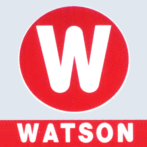 Watson logo - red circle with white W, on a grey background