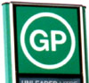 GP logo with white circle on green background