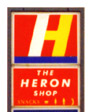 Heron logo with yellow and white H on red background