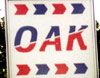 Oak logo, red and blue text sliced diagonally