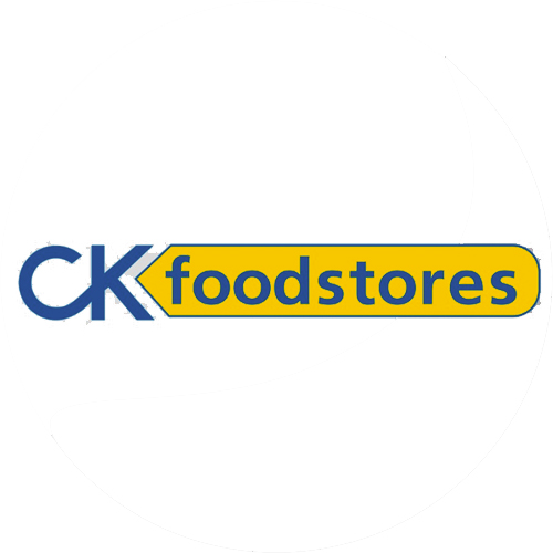 CK Foodstores logo - blue CK and yellow background panel for text