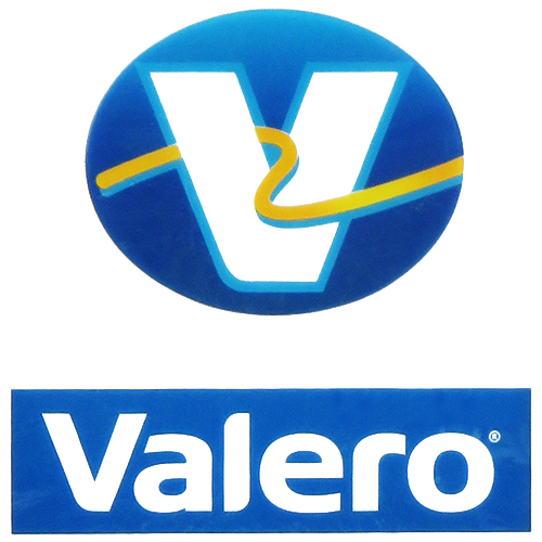 Valero logo - white V on blue oval background with yellow and blue ribbon snaking between arms of V